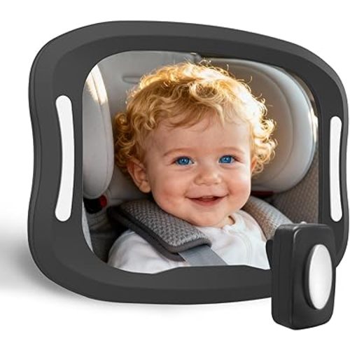 Baby Car Mirror with LED Light & Remote Control - Night Vision Rear Facing Car Seat Mirror, Adjustable Shatterproof Safety Mirrors for Backseat Infant, Universal Fit for Cars, SUVs (Black)