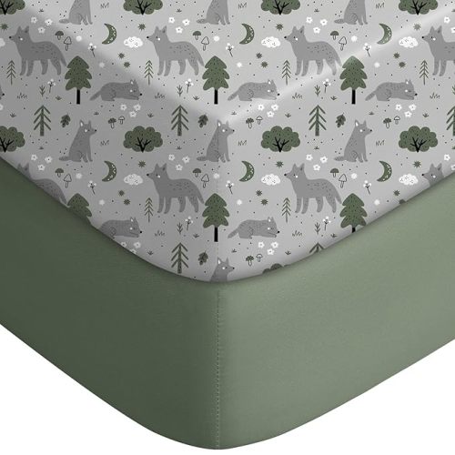 Yoofoss Pack and Play Sheets Fitted, Mini Crib Sheets 2-Pack for Pack N Play Mattress, Stretchy Playard Sheet, Soft and Breathable Gray-Green+Fox