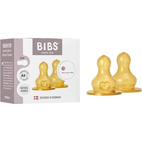 BIBS Bottle Nipple 2-Pack. Anti-Colic. Extra Nipples for BIBS Baby Bottles. Round Nipple. - Natural Rubber Latex, Medium Flow