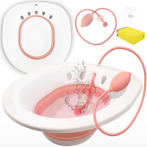 Fabulas Sitz Bath for Toilet Hemorrhoids Postpartum Care, Perineal Soaking Bath Over The Toilet Seat, Collapsible Sitz Basin with Flusher for Vaginal Anal Inflammation Treatment, Yoni Steam Seat