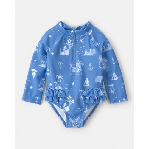 1-Piece Long-Sleeve Rashguard Swimsuit in Blue Sailboat, Size 6 Months