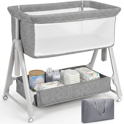 Cowiewie Baby Bassinet Bedside Crib,3-in-1 Baby Bassinet with Comfy Mattress & Wheel,Easy Folding Portable Bedside Bassinet for Baby with Storage,Travel Bag,Breathable Mesh,Stable & Secure,Light Grey