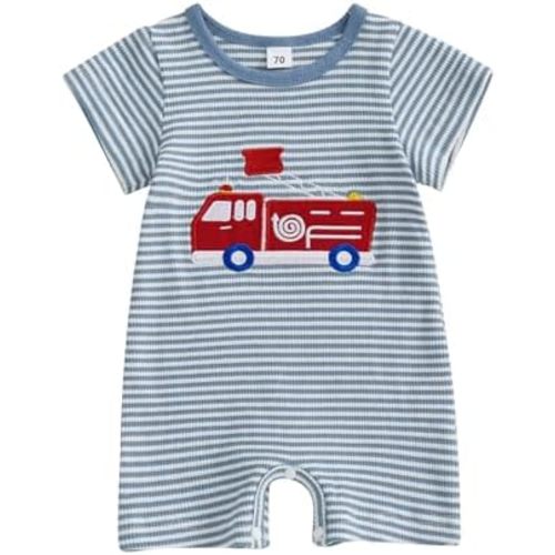 Newborn Boy Football Romper Infant Baby Waffle Knit Summer Clothes Embroidery Excavator Short Sleeve Stripe Jumpsuit