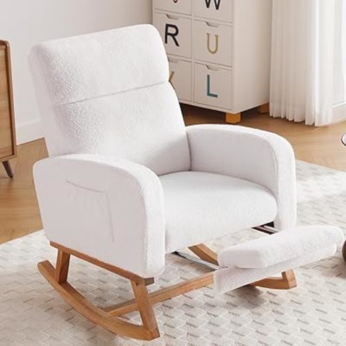 Rocking Chair Nursery with Foot Rest, Nursing Rocking Chairs for Mom Nursery, Teddy Rocker Glider Chair with High Backrest for Living Room, Bedroom, White
