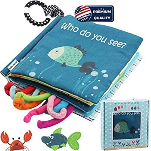 Sea Animal Fabric Cloth Book,Soft Tails Books(Fishy Tails),Soft Activity Crinkle Book Toys for Early Education for Babies,Toddlers,Infants,Kids with Teether Ring & Gift Box, Teething Book Baby Shark