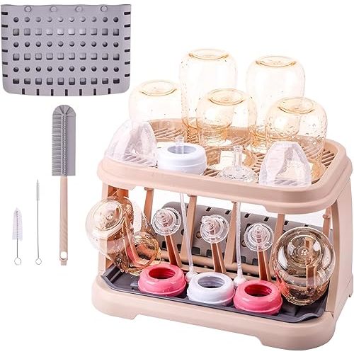 Baby Bottle Drying Rack:Space Saving Standing Drying Rack for Baby Bottles and Pump Part Cleaning,be Equipped with Bottle Brush（Pink Lotus Root）