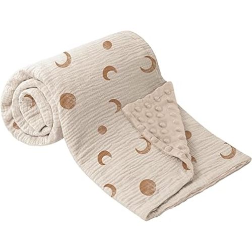 Bearmoss Baby Blankets for Unisex Boys Girls, Soft Nursery Crib Blankets with Muslin Cotton Front and Dotted Fleece Back for Newborns Toddlers 30x40inch (Brown Moon)