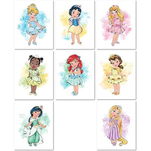 Nistio® Baby Princess Posters for Girls Room Decor, Nursery Art Featuring Cinderella, Ariel, and Belle, Princess Wall Art for Kids, Unframed Set of 8 (8x10)