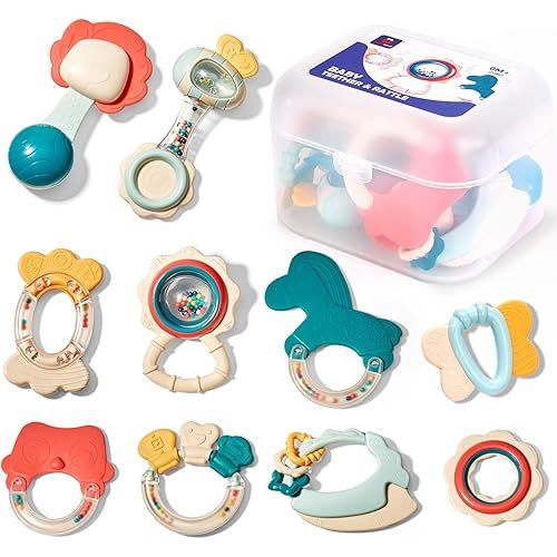 hahaland Baby Toys 0-6 Months - Baby Rattles Teething Toys 3-6 Months, Newborn Infant Toys 6-12 Months, Teether Grasping Shaker Toy Baby Gifts 6 5 4 3 Month Old Must Haves Montessori Rattle for Babies
