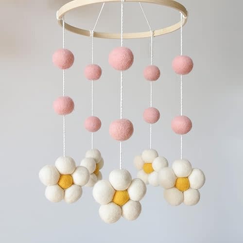 Daisy Mobile for Crib Boho Baby Crib Mobile for Girls Pink Felt Flower Baby Mobile for Crib