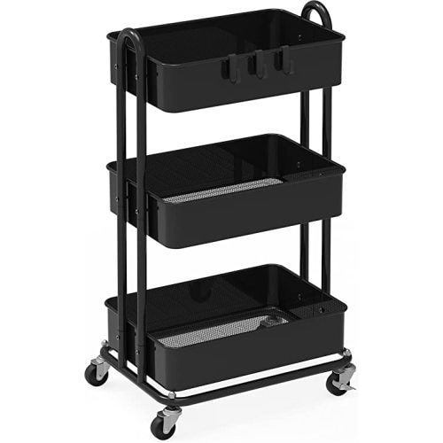Simple Houseware 3-Tier Heavy Duty Metal Utility Rolling Cart, Black