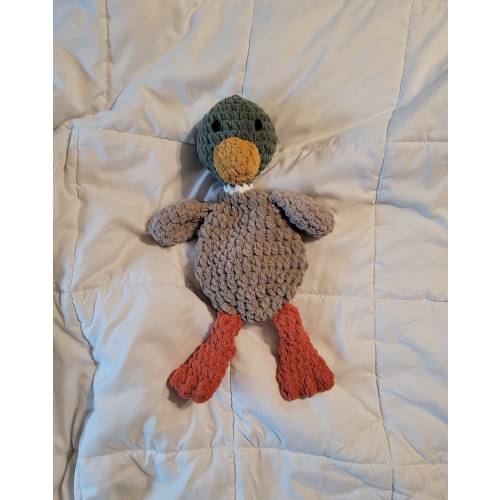Duck Snuggler | Derbie the Duck | Crochet Mallard Lovey | Smokey Green Brown with Orange Feet | Plushie | Stuffie