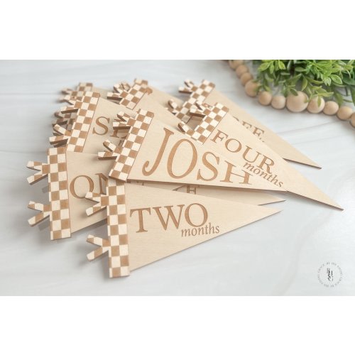 Checkered Pennant Monthly Milestone Markers For Baby Photos + Matching Nameplate | Monthly Milestone Markers |Pennant Flag Milestone Markers