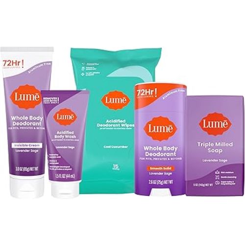 Lume Skin Care Gift Set for Women, Whole Body Deodorant Starter Pack - Smooth Solid Stick, Invisible Cream Tube, Acidified Body Wash Mini & Deodorant Wipes - Aluminum Free Odor Control (Lavender Sage)