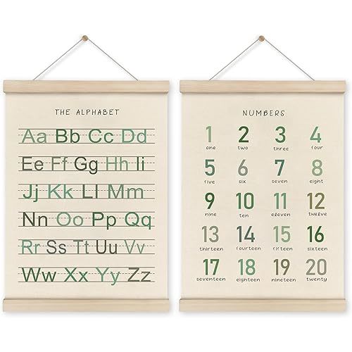 HRQKO Alphabet Numbers Poster Hanger Frame Set of 2, Nursery Wall Decor, Boho ABC Poster Wall Art with Wooden Frames, Sage Green Alphabet Banner Wall Hanging Decor for Toddler Playroom, 12x16 Inch