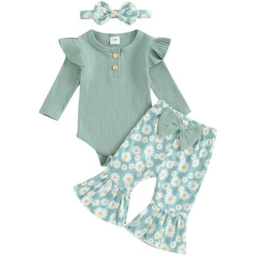 fhutpw Newborn Baby Girl Clothes Rib Frill Long Sleeve Romper Daisy Flared Pants Headband Set 3pcs Fall Winter Outfits