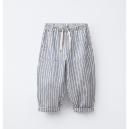 STRIPED LINEN AND COTTON PANTS - Blue | ZARA United States
