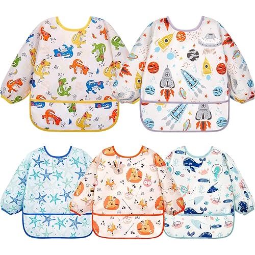 Lictin Long Sleeve Bibs 5 Pack - Baby Bibs, Waterproof Toddler Bibs, Baby Smock for Eating, Baby Bibs for Feeding Teething