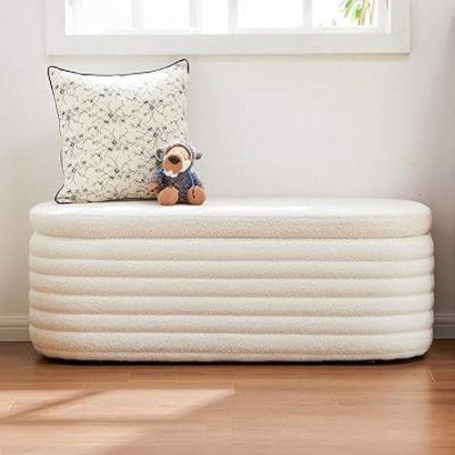 45 Inch Storage Ottoman Bench Upholstered Fabric Bedroom Benches, Modern Comfy End of Bed Stool for Living Room/Hallway/Entryway, Sherpa White