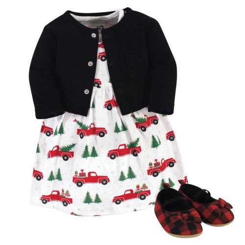 Hudson Baby Infant Girl Cotton Dress, Cardigan and Shoe 3pc Set, Christmas Tree, 6-9 Months