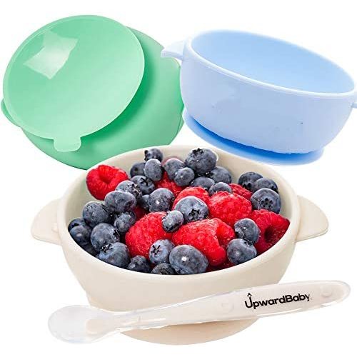 Baby Bowls with Guaranteed Suction - 4 Piece Silicone Set with Spoon - UpwardBaby - for Babies Kids Toddlers - BPA Free - First Stage Self Feeding