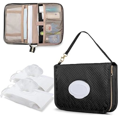 Diaper Clutch Bag with 2 Pieces Wipes Dispensers, Small Diaper Bag with Multiple Pockets for Storage of Baby Necessities, Baby Travel Essential, Black