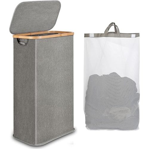 Slim Laundry Hamper, Narrow Laundry Basket with Lid,Foldable Clothes Hamper with Bamboo Handles,Hamper Basket with Removable Inner Bag for Laundry Room Bedroom College Dorm,60L Grey