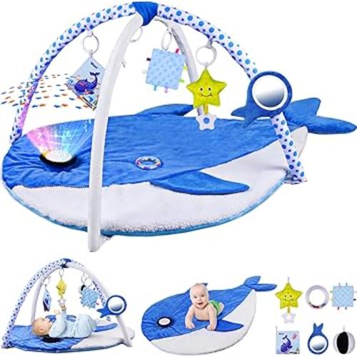 Baby Play Gym & Activity Mat,Oversize Whale Shaped Baby Play Mat w 6 Detachable Toys,Tummy Time Mat Promote Motor Skills & Sensory Development Mat, Newborn Infant Baby Essentials Gift