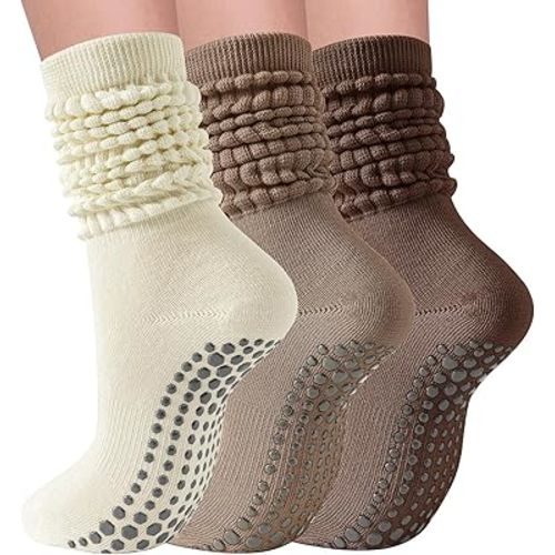 3 Pairs Grip Pilates Socks for Women Non Slip Long Slouchy Socks for Yoga Barre Workout Hospital