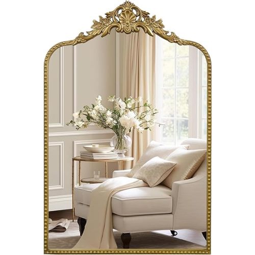 G-LEAF Vintage Baroque Mirror 24"X36", Arched Mantel, Victorian Antique, Farmhouse With Gold Ornate Metal Frame for Fireplace Entryway Living Room Hallway Bathroom