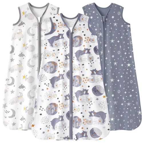 Baby Sleep Sack 12-18 months, 100% Cotton Sleeping Sack for Newborn and Infant, 3 Pack Baby Wearable Blanket for Boy and Girl, 0.5 Tog Lightweight Double Zipper Sleep Bag Grey Moon Bear