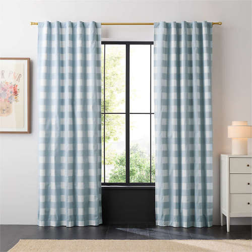Mist Blue Buffalo Check Organic Cotton Blackout Window Curtain Panel 44"x63"