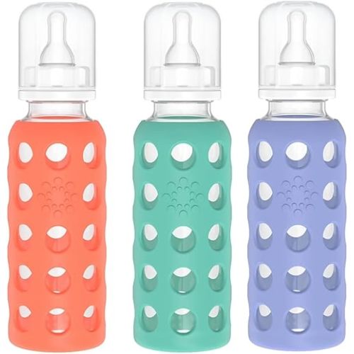 Lifefactory Glass Baby Bottles with Silicone Protection - 3-Pack, 9 oz Bottles, (1- Papaya, 1- Kale & 1- Blueberry)