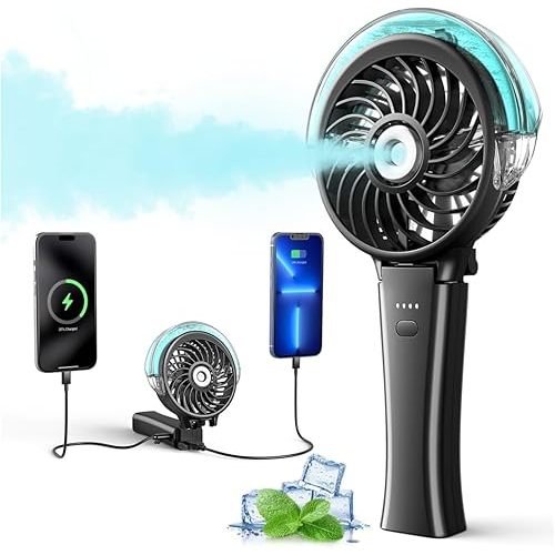 6000mAh Portable Handheld Misting Fan as Backup Power, 50ml XL Water Tank, 20H Runtime 3 Speeds, 180° Foldable Rechargeable Mist Fan for Travel, Outdoors, Makeup - Black