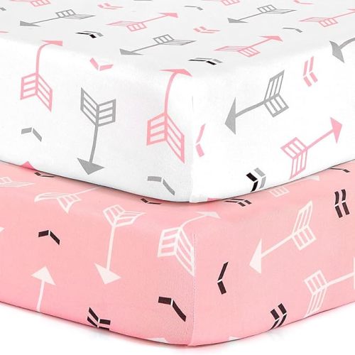 Stretchy Fitted Pack n Play Playard Sheet Set BROLEX 2 Pack Portable Mini Crib Sheets,Convertible Playard Mattress Cover,Ultra Soft Material,Pink White Arrow