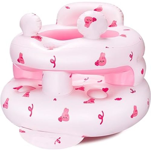 Inflatable Baby Seat for Babies 3-36 Months，[Squeaky Sound & Anti-Fall Design] Inflatable Chair with Sound-Making Ears, Baby Seat for Sitting-Up Practice, Built-in Air Pump (Pink Bunny)