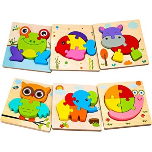 SKYFIELD Wooden Animal Puzzles for 1 2 3 Years Old Boys Girls, Toddler Educational Developmental Toys Gift with 6 Animals Baby Montessori Color Shapes Learning Puzzles