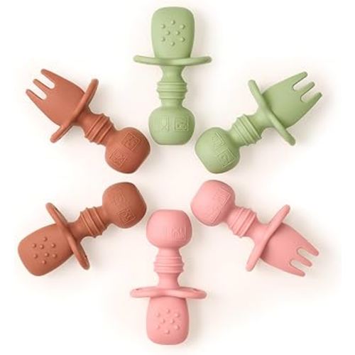 Baby Utensil Set (6 pcs) - Self Feeding Spoons - Silicone & BPA Free - Baby Led Weaning (BLW) Supplies - Ages 6+ Months - Sage, Rose, Terra Cotta