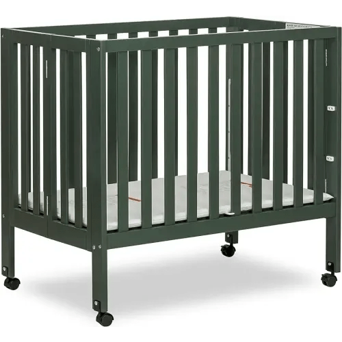 Dream On Me Jett Mini Folding Baby Crib in Olive, GreenGuard Gold & JPMA, Lightweight & Portable, Patented Flat Folding System for Small Spaces & Travel, 1.5” Mattress Pad, 3 Heights, Safe Wheels