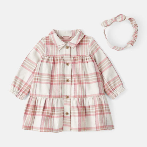 Pink/White Baby Girl 2-Piece Print Cotton Long-Sleeve Dress Set - Plaid | Carter’s Oshkosh Canada