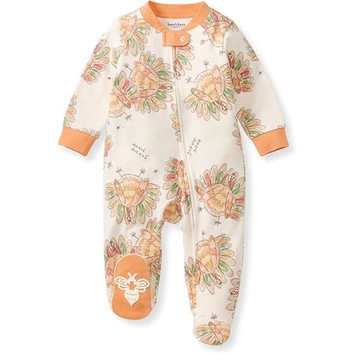 Burt's Bees Baby Organic Cotton Sleep and Play Footed Pajamas for Girls, Zipper PJ Newborn Sleeper with Non-Slip Bee Grips