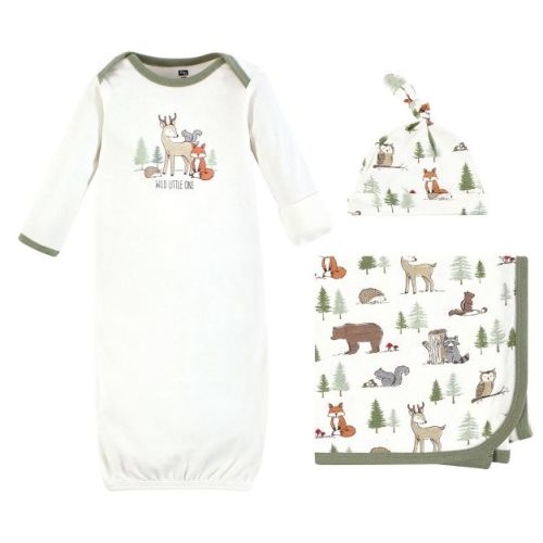 Hudson Baby Infant Boy Gown, Swaddle Blanket And Cap Or Headband, Forest Animals, 0-6 Months