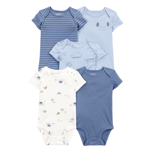 Baby Boy 5-Pack Dog Short-Sleeve Cotton Bodysuits - Blue