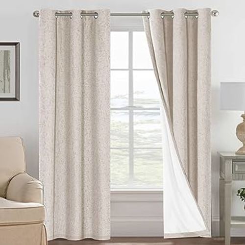 Primitive Linen Curtains 100% Blackout Curtain Drapes Burlap Fabric Curtains with White Thermal Insulated Liner, Grommet Top Curtains Living Room/Bedroom (2 Panels, 42 x 84 Inch, Natural)