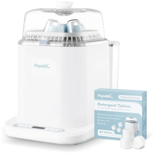 Papablic Bottle Washer Pro, Baby Bottle Washer & Sterilizer & Dryer, 4-in-1 Bottle Washer Sanitizer for Bottles, Pump Parts, & Baby Essentials - Quick & Clean with 60 Detergent Tablets, White