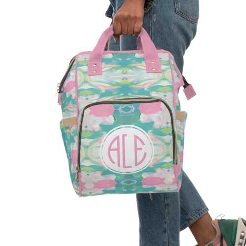 Personalized Preppy Diaper Bag, Backpack, Abstract Watercolor Nursery Decor, Baby Girl Shower Gift, Monogrammed Diaper Bag, Pink and Lime