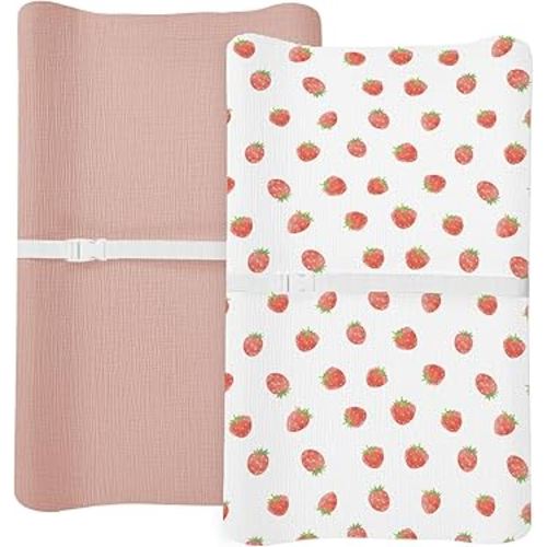 Changing Pad Cover for Baby Boy Girl 2 Pack, Muslin Changing Table Pad Covers with Boho Style, Neutral Nursery Bedding Essentials Soft and Breathable (Strawberry & Pale Pink)
