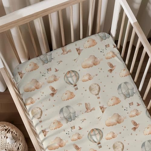 Hot Air Balloon Transportation Pattern Baby Crib Sheets, Unisex Balloons Birds Clouds Nursery Fitted Bed Sheet for Boys Girls Standard Crib and Toddler Mattress-28x52
