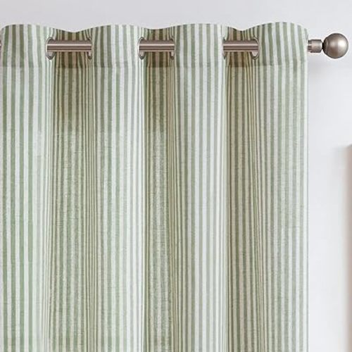 Jinchan Linen Striped Curtains - Sage Green, 2 Panels, 63 Inch Long, Light Filtering, Pinstripe Pattern for Living Room & Bedroom