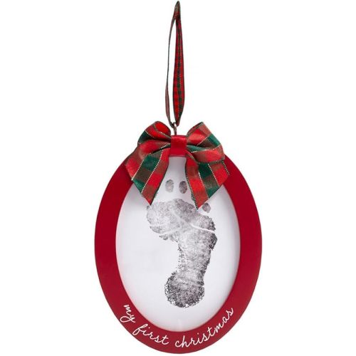 Pearhead Babyprints Double-Sided Christmas Photo Ornament with Clean Touch Ink Pad, Baby's First Christmas Holiday Keepsake Ornament, Newborn Handprint or Footprint Kit, 2 Sided, Red
